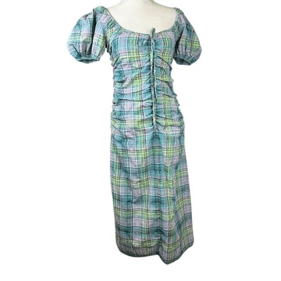 NWT GANNI Checked Seersucker Midi Dress in Lagoon Green Purple Size Small (36) - Picture 6 of 16